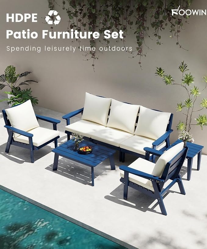 FOOWIN 7-Piece Patio Furniture Set, HDPE All-Weather Outdoor Conversation Set with Thick Cushions, Sectional Patio Sofa Furniture for Deck, Porch, Lawn, Garden, Navy Blue Frame & White Cushion