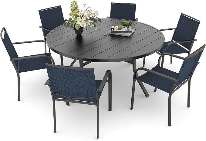 Anmutig 7 Piece Patio Dining Set 54 Inch Round Table Stackable Chairs Blue | Powder-Coated Steel Frame, Quick-Dry Textilene Mesh, Dual-Size Umbrella Hole, Weather Resistant, Patio, Garden, Backyard