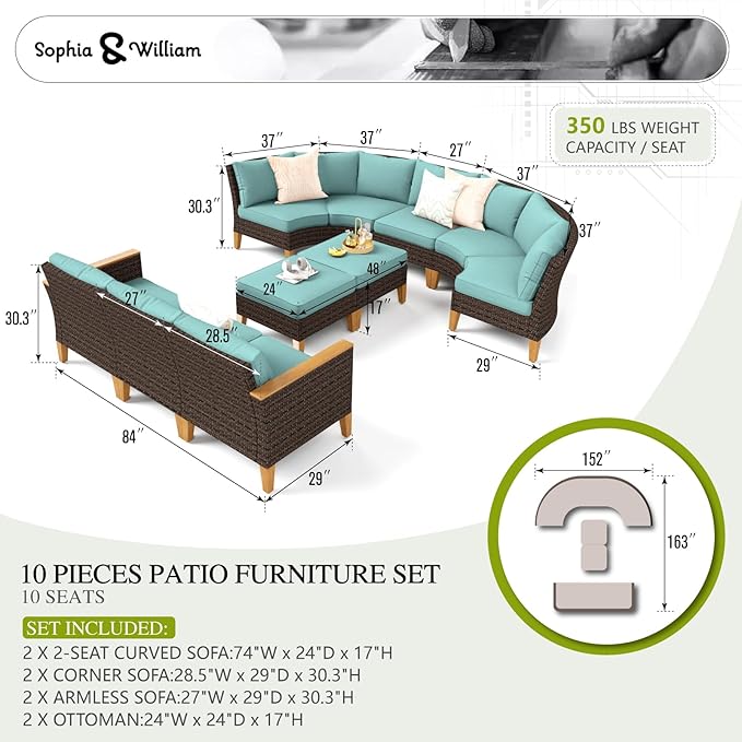 Sophia & William Outdoor Wicker Sectional Sofa Set, 10 Piece Half Moon Curved Patio Furniture Modern Outdoor Couch Conversation Set with Ottoman for Backyard, Pool, Garden(Aqua Blue)
