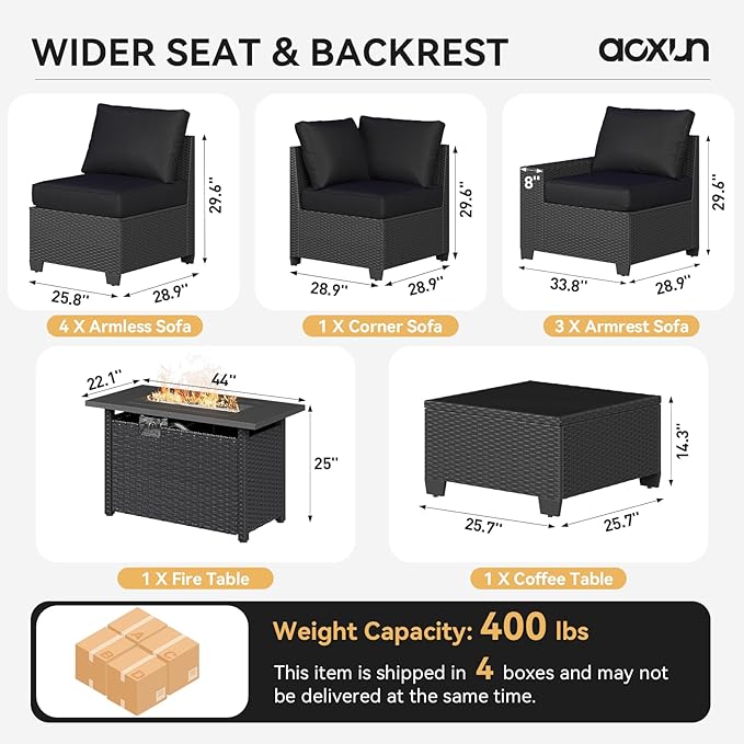 Aoxun 10-Piece Sectional Sofa with 44" Fire Pit, 4" Thicken Cushion, Widen Armrests Wicker for Backyard with Waterproof Cover