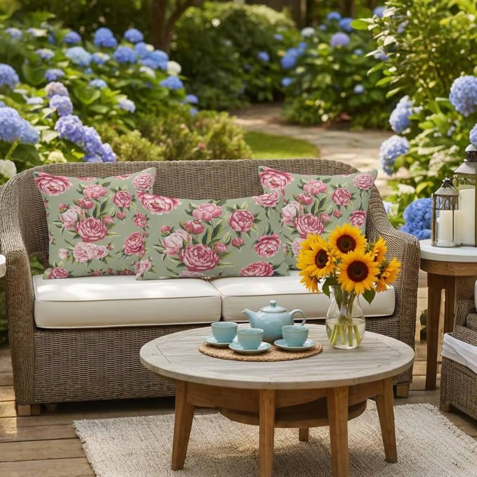 Flowers Vintage Outdoor Pillow Covers 16x16 Inch Throw Pillow Covers Set of 2 Waterproof Decorative Pillow Cases Green Leaves Pastoral Floral Country Cushion Covers for Patio Furniture Garden Couch