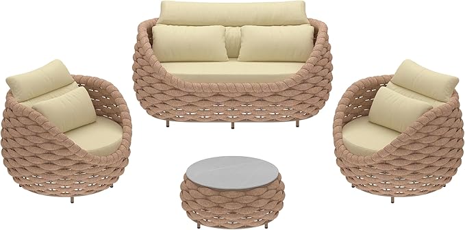 TWT 5 Pieces Patio Furniture Set, Outdoor Rope Conversation Sectional Patio Sofa with 5 Seater for Backyard, Porch, Modern Armchairs with Thickness Cushions and Side Table, Light Brown