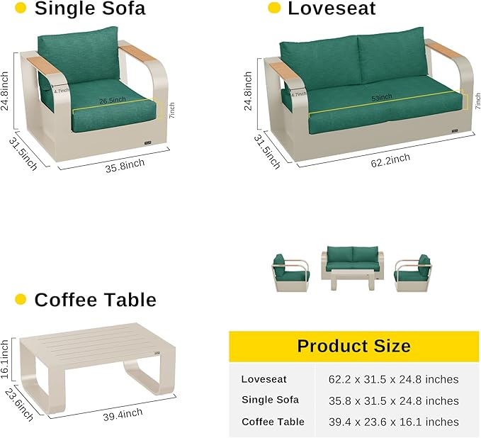 EAST OAK Signature 4 Pieces Patio Furniture Set, Aluminum Outdoor Furniture with Teak Wood Armrest, Sofa and Coffee Table Patio Set, Modern Patio Conversation Set for Porch, Champagne Gold & Green