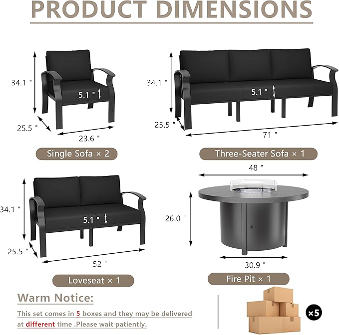 ALAULM Aluminum Patio Furniture Set with Round Propane Fire Pit Table 7-seat Metal Outdoor Furniture w/5.1" Cushions Patio Sectional Sofas for Porch, Lawn, Poolside（Black