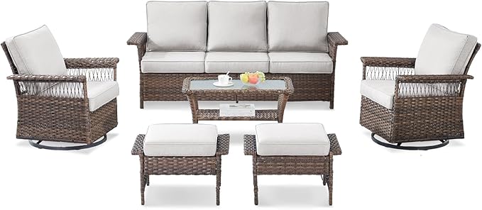 Outdoor Wicker Patio Furniture Set - 6 Piece Rattan Patio Conversation Sets with 2 Swivel Rocking Chairs,2 Ottomans,1 Sofa and 1 Coffee Table for Porch Deck Garden(Brown/Beige)