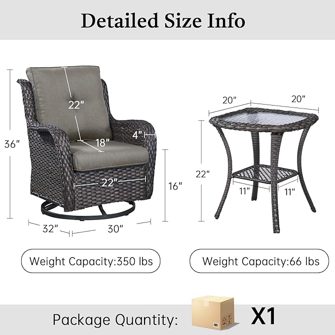 Outdoor Swivel Rocker Patio Chairs with Side Table 3 Pieces PE Wicker Patio Furniture Set for Porch Deck Balcony Garden-Brown/Grey