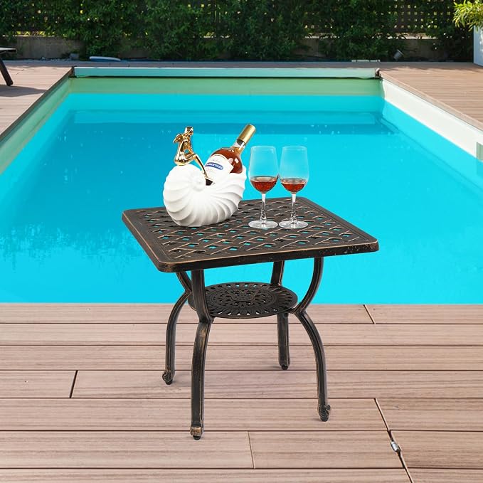 21.3 Inch Cast Aluminum Square Side Table for Balcony, Outdoor Patio Bistro Table Antique Bronze, Heavy Duty Small End Table for Garden Yard Porch, Antique Bronze Garden Accent Tables, Easy Assembly