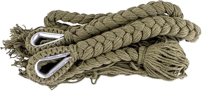 NOVICA Handmade Cotton Rope Hammock Crocheted Fringe Olive Green Double Mexico Solid Maya 'Veranda in Olive Green'Double