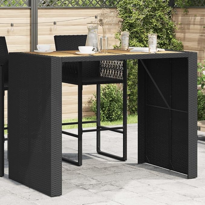Black Rectangular Garden Bar Table Outdoor Patio Furniture with Synthetic Poly Rattan Top and Steel Frame for Terrace Garden Seating 4 Persons