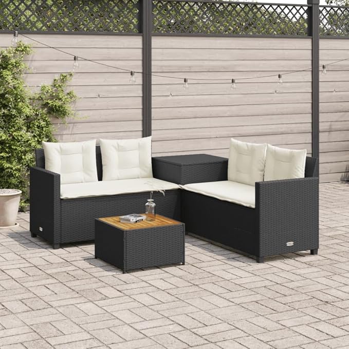 Patio Sofa with Table and Cushions, Outdoor Dining Sets Patio Conversation Set Bistro Set Front Porch Furniture for Piazza Poolside Negotiation Area Exhibition L-Shaped Black Poly Rattan