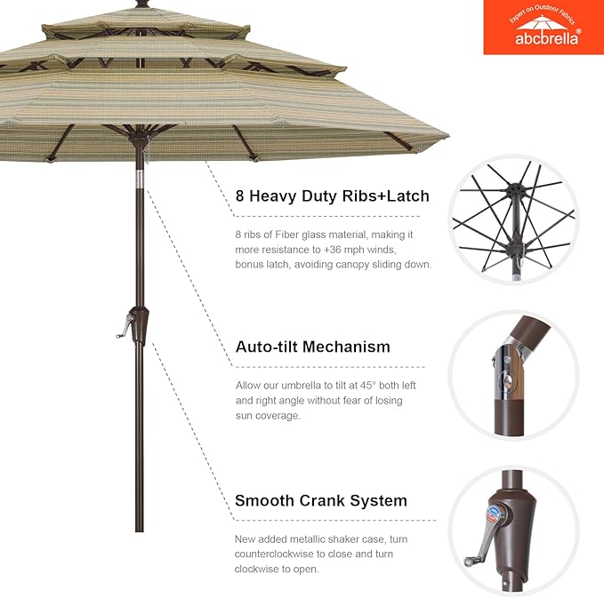 ABCCANOPY 5-Year 10-Year No Fading 9FT 3 Tiers Patio Umbrella, Outdoor Table Umbrella with 8 Sturdy Ribs for Deck, Backyard, Garden, Yard
