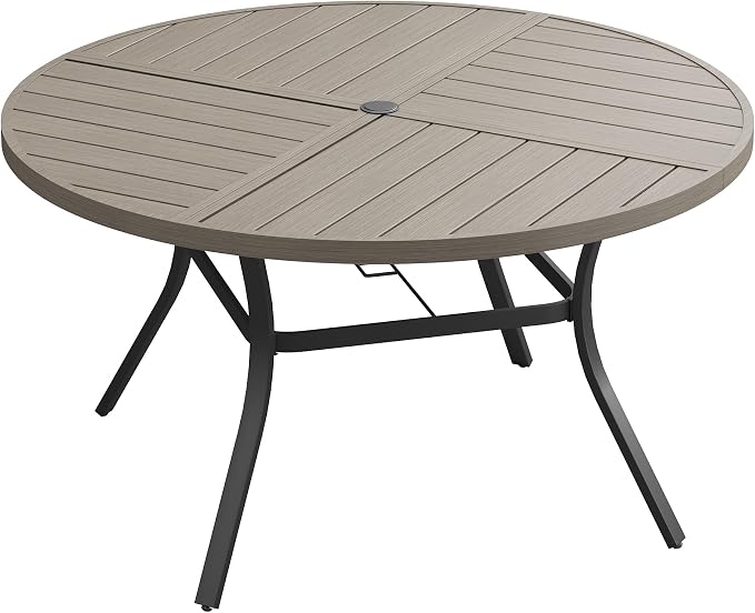 VICLLAX 53" Round Outdoor Table, Patio Dining Table for 8 with Umbrella Hole for Garden Lawn Deck Backyard, Antique Grey