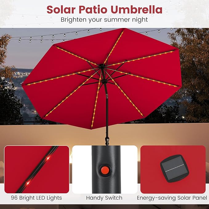 Tangkula 10 FT Solar Patio Umbrella, Outdoor Market Table Umbrella with 96 Multi-Colored Flowing LED Lights, 9 Modes, Tilt Adjustment, Crank Handle, 8 Ribs, Vented Top for Backyard Poolside Deck Lawn