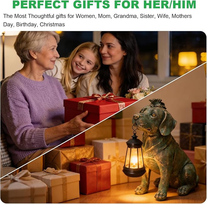 Solar Garden Statue Dog Figurine Decor with Lantern Lights, 11 Inch Outdoor Decoration Solar Dog Sculptures for Outside Patio Lawn Balcony Yard Ornament, Dogs Lover Gifts for Women Mom Mother's Day