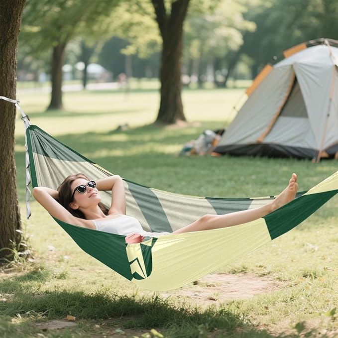 Abstract Art Green Beige Outdoor Hammock with Portabl Carry Bag Indoor Hammock for Outside Patio Backyard Poolside
