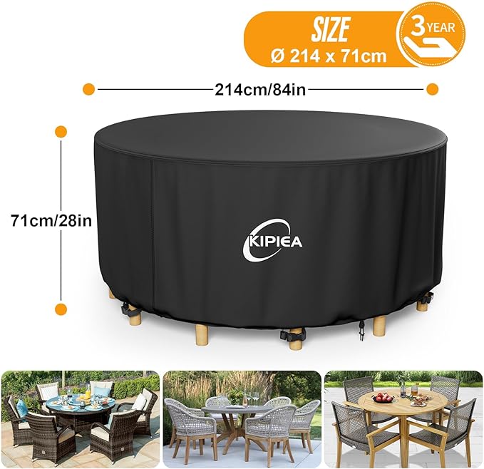 Kipiea Round Patio Table Cover Waterproof, Heavy-Duty Round Patio Furniture Covers, No Tears Anti UV No Fading (84" Dia x 28" H)