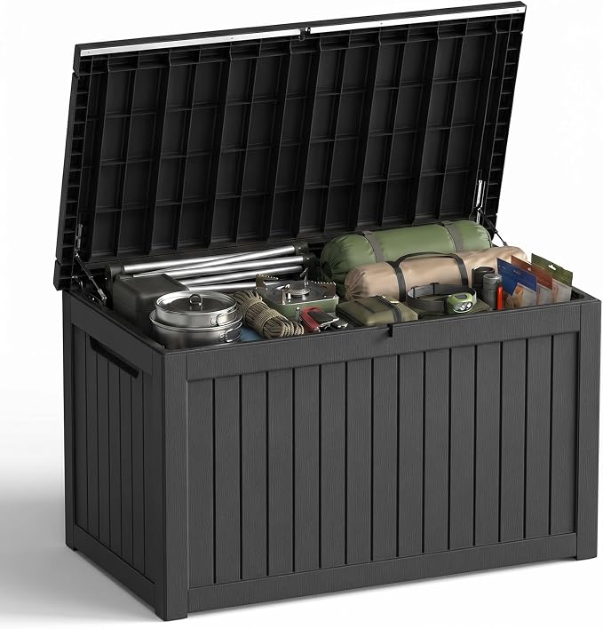 325 Gallon Outdoor Storage Box | Lockable Resin Deck Box, 880 lbs Seating & Safety Hydraulic Rod, UV-Resistant Patio Storage for Cushions, Tools & Packages