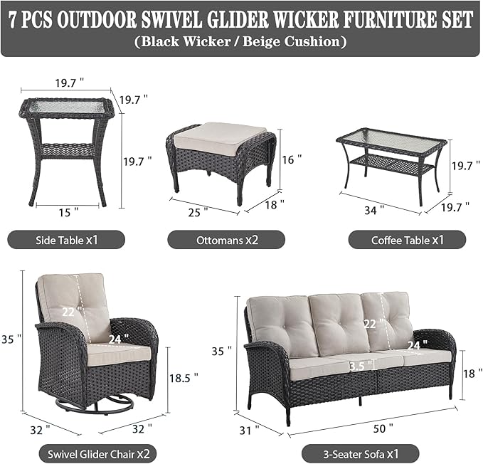 Belord Wicker Outdoor Furniture Set - 7 Piece Patio Conversation Sets with Comfort Swivel Rocker Glider Patio Chairs Set of 2 and Rattan Sofa, Tempered Glass Coffee Table and Side Table,Black/Beige