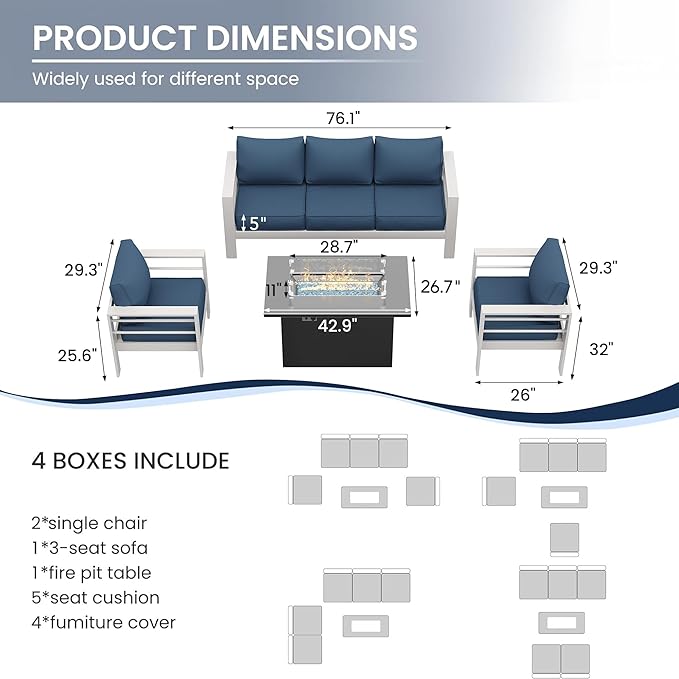 Amopatio Patio Furniture with Fire Pit, 6 Pcs Aluminum Outdoor Sectional Metal Patio Sofa Set with Aluminum Fire Pit Table for Backyard,White&Blue(Included Waterproof Covers)