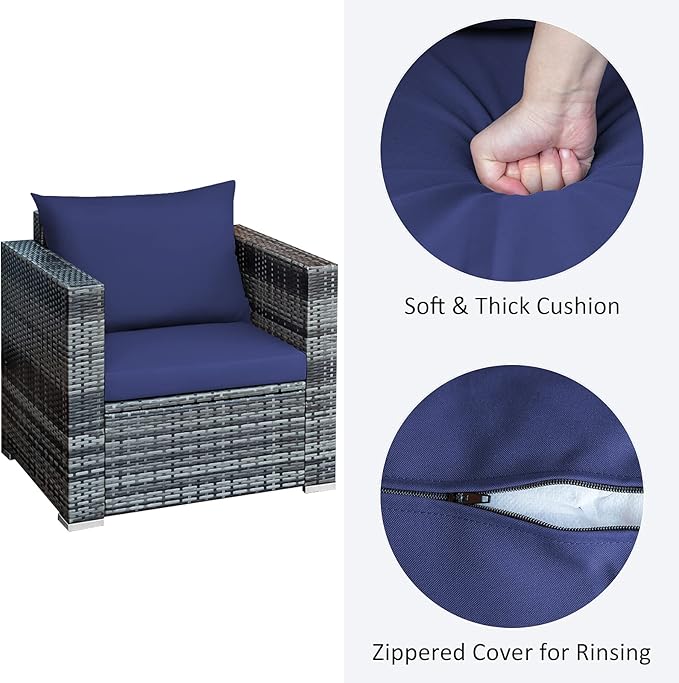 Tangkula 3 Pieces Patio Furniture Set, PE Rattan Wicker Sofa Set w/Washable Cushion and Tempered Glass Tabletop, Outdoor Conversation Furniture for Garden Poolside Balcony