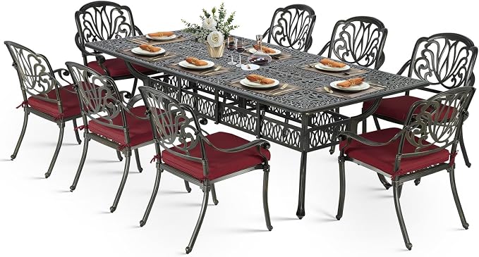 VIVIJASON 9-Piece Outdoor Dining Set, All Weather Cast Aluminum Retro Patio Furniture Table and Chairs Set for 8, Include 94.5" Rectangular Dining Table and 8 Chairs with Umbrella Hole, Red Cushion