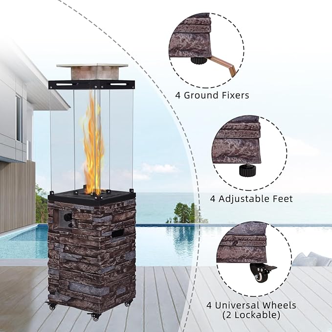 Outdoor Patio Propane Fire Heater with Weather Cover Glass 41000 BTU Fireplace Patented & CSA Certificated, Stackstone Brown