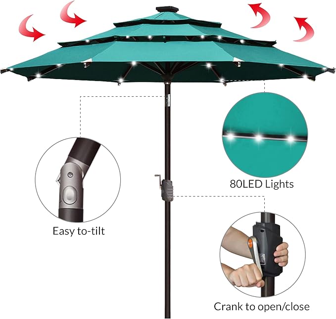 EliteShade USA 10-Year-Non-Fading 9ft 3-Tier Market Patio Umbrella, Commercial Table Umbrella with 80 Solar LED Lights, Crank Open, Windproof & UPF 50+ UV Protection for Garden, Deck, Pool, Backyard, Teal