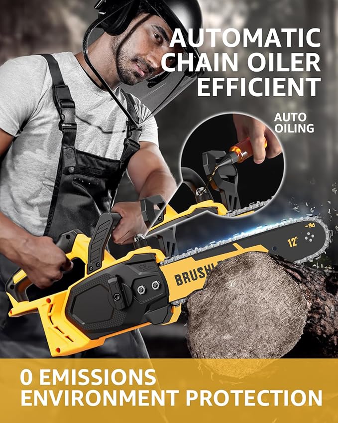 Brushless Cordless Chainsaw Electric 12 Inch Compatible with Dewalt 20V Max Battery Power, No Battery Included 45Ft/s High-Efficiency Chainsaw for Garden, No Installation Required, Yellow