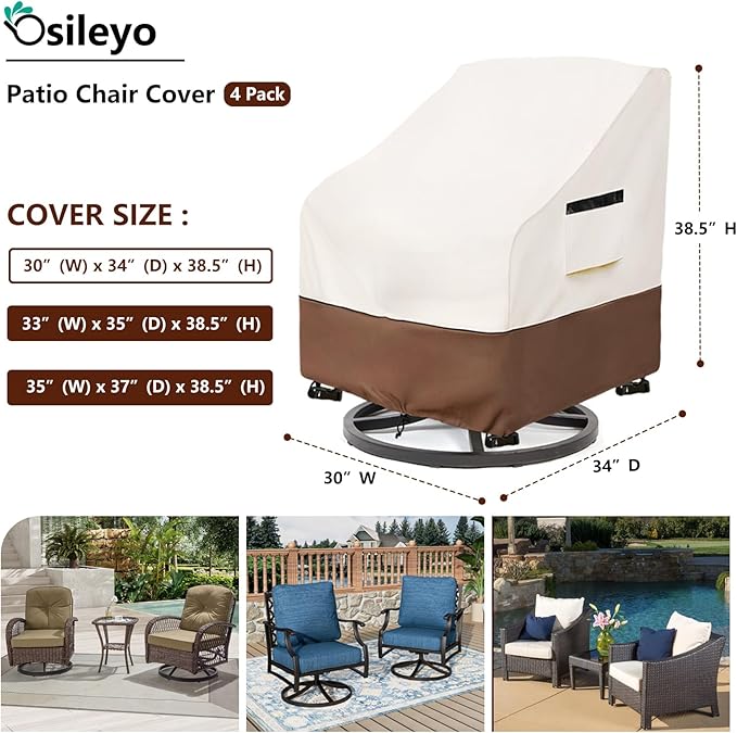 Patio Chair Covers 4 Pack,Swivel Lounge Chair Cover,Waterproof Heavy Duty Patio Furniture Covers for Outdoor Swivel Lounge Chair(30 W x 34 D x 38.5 H inches) Beige & Brown