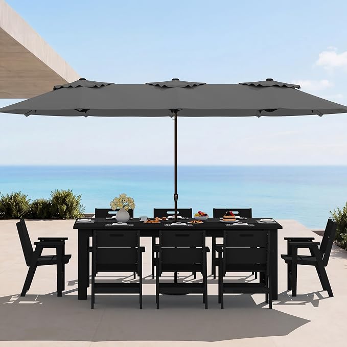 SERWALL 10-Piece Outdoor Patio Dining Set, 76" HDPE Table with 8 Chairs & 1 Umbrella (Base Excluded), All Weather Resistant Heavy Duty Outdoor Furniture for Backyard Deck Garden, Black