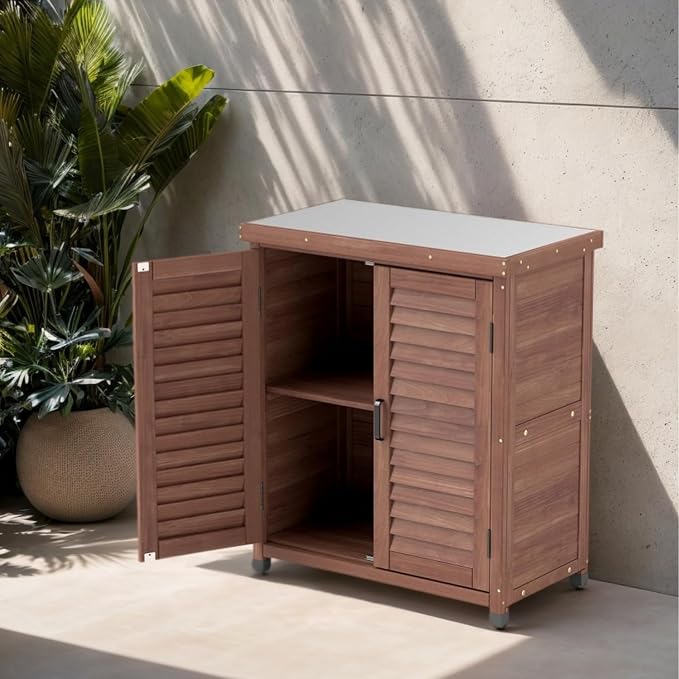 Wooden Outdoor Storage Cabinet, Outdoor Bar Table Cabinet with Storage, Outdoor Buffet Sideboard for Patio, Garden, Potting Bench, TV Stand, Bar Table, Balcony, Brown