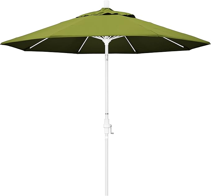 California Umbrella 9' Round Aluminum Pole Fiberglass Rib Patio Umbrella, Crank Lift, Collar Tilt, White Finish, Kiwi Olefin