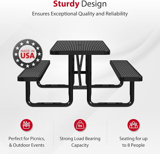 Leisure Craft Metal Picnic Table with Bench - 8 ft Rectangle Outdoor Dining Table for 8, Umbrella Hole, Weatherproof Heavy Duty Thermoplastic Coating, Commercial Grade Furniture Made in USA - Black