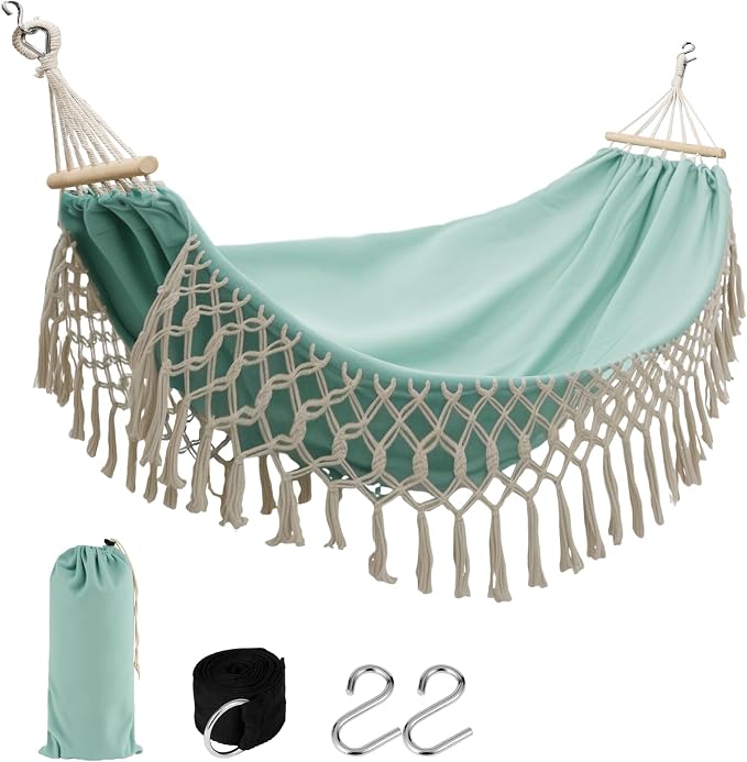 Bohemian Canvas Hammock with Tassels, Mint Green, 79"x39" | Soft Breathable Cotton Canvas Hammock,79x39in,2 Hanging Straps Wooden Bar;3 colors,compact for students renters dorm balcony