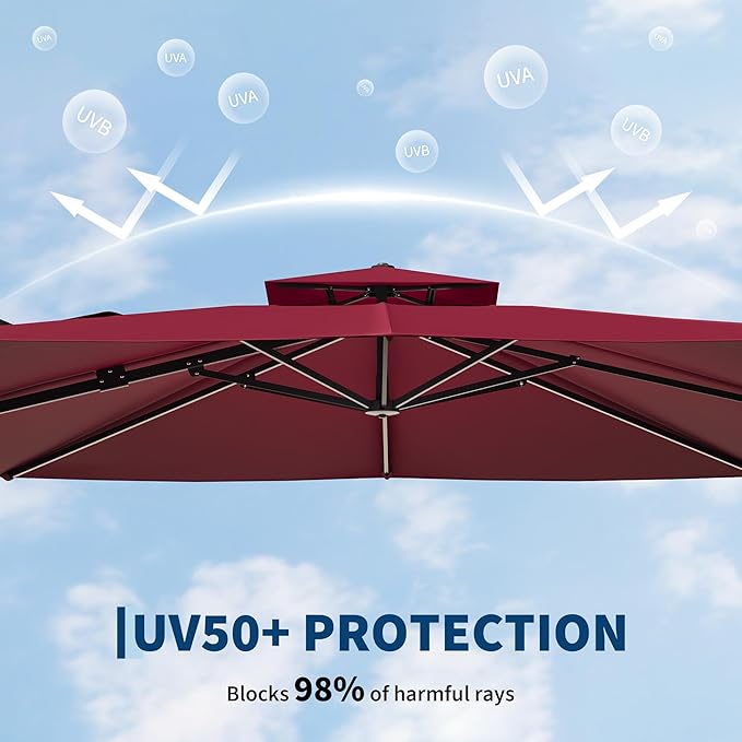 10x10 ft Square Outdoor Umbrella, Cantilever Patio Umbrella with 360° Rotation & Adjustable Height, Heavy Duty Aluminum Umbrella Outdoor Patio for Garden Poolside,Burgundy Red (Base Not Included)
