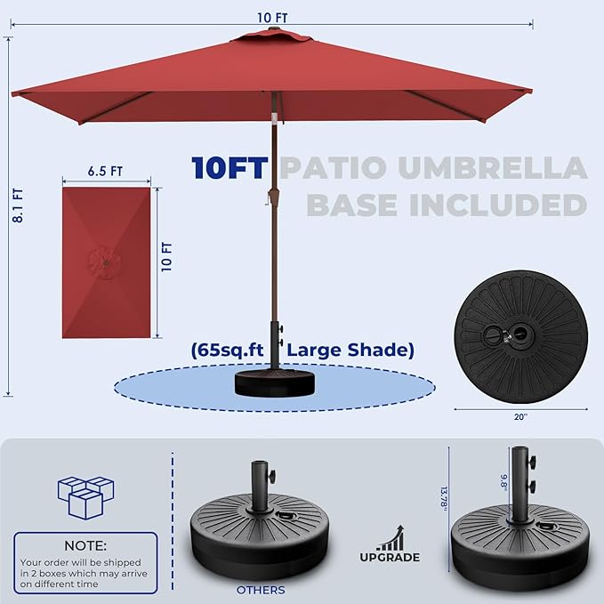 BRIOPAWS 6.5X10 FT Rectangular Patio Umbrella with Base Included | Rectangle Outdoor Umbrellas | 6 Sturdy Steel Ribs | Push Button Tilt & Crank | Heavy Duty for Garden Lawn Deck Backyard Pool |