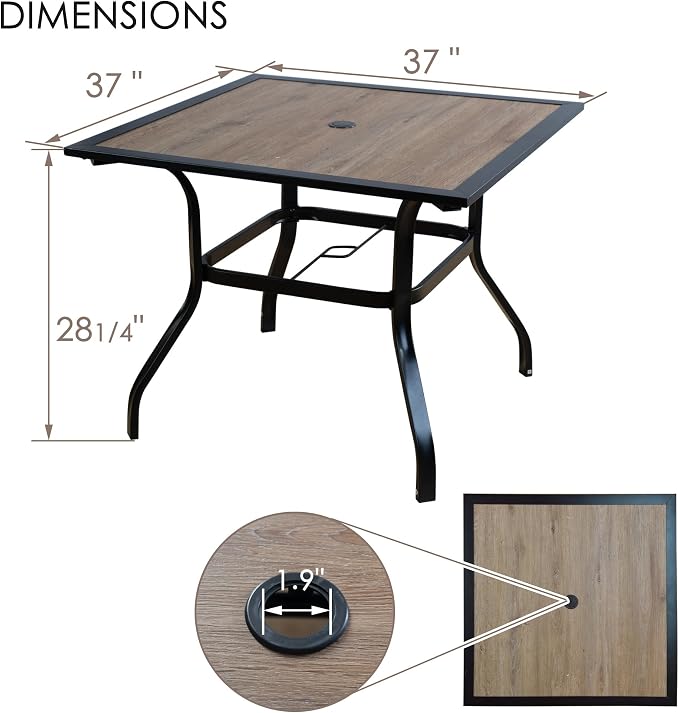Kozyard 37" Square Outdoor Dining Table for 4, Patio Table with Umbrella Hole, Heavy Duty Steel Frame & Wood-Look Top, Weather Resistant Patio Table for Backyard, Balcony, Garden Black
