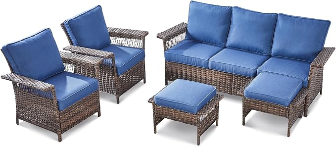 Outdoor Wicker Patio Furniture Set - 5 Piece Rattan Patio Conversation Sets with 2 Wicker Chairs,2 Ottomans and 1 Sofa for Porch Deck Garden(Brown/Blue)