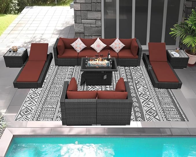 NICESOUL 11 Piece Sectional Patio Set with Loungers, Backyard Seating with Firepit, Comfy 29.3'' High-Back Deep Outdoor Couch Sofa, Heavy Duty All-Weather Wicker Furniture for Exterior, Grey & Red