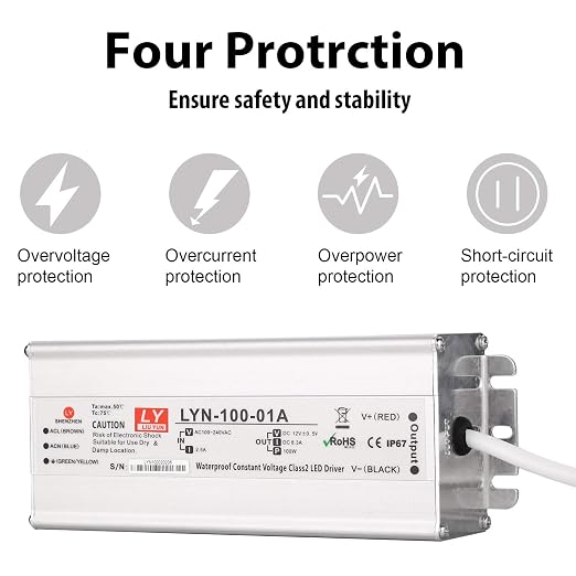 LED Driver 100 Watts 110V AC to 12V DC Low Voltage Output, IP67 Waterproof Power Low Voltage Transformer Adapter with 3 pin Plug LED Cable for LED Light bar, Indoor and Outdoor Light String