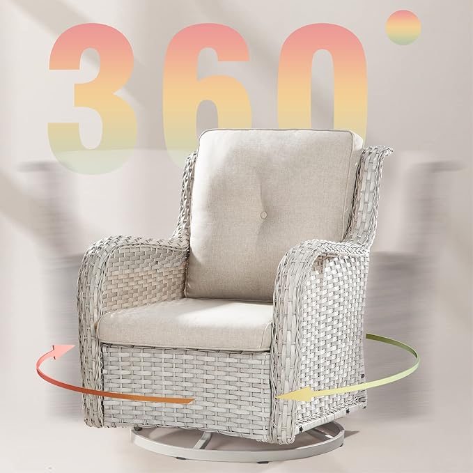 Joyside Outdoor Swivel Rocker Patio Chairs Set of 2 and Matching Side Table - 3 Piece Wicker Patio Bistro Set with Premium & Soft Fabric Cushions(Light Grey/Beige)