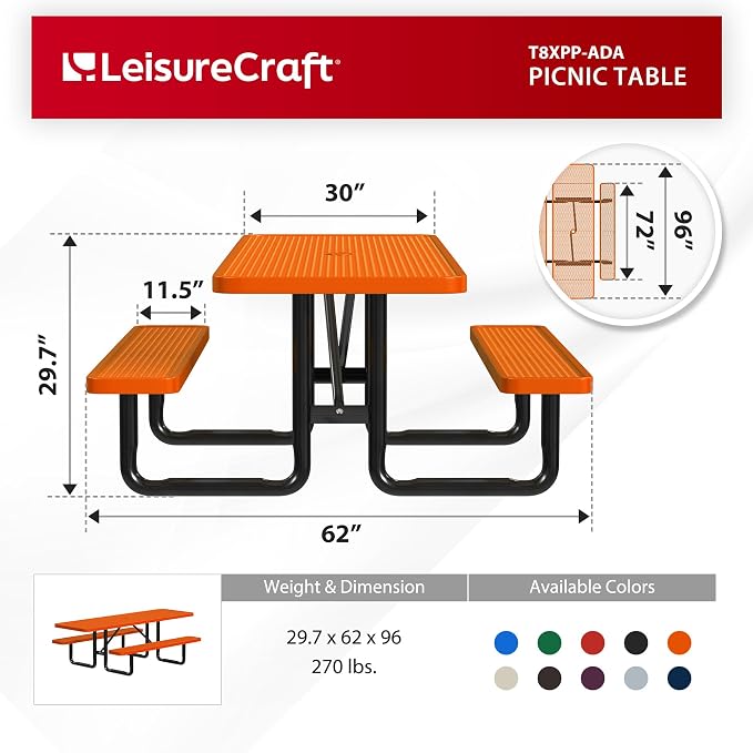 Leisure Craft Metal Picnic Table with Bench - 8 ft Rectangle Outdoor Dining Table with Umbrella Hole, Heavy Duty Thermoplastic Coating, ADA Compliant, Commercial Grade Furniture Made in USA - Orange