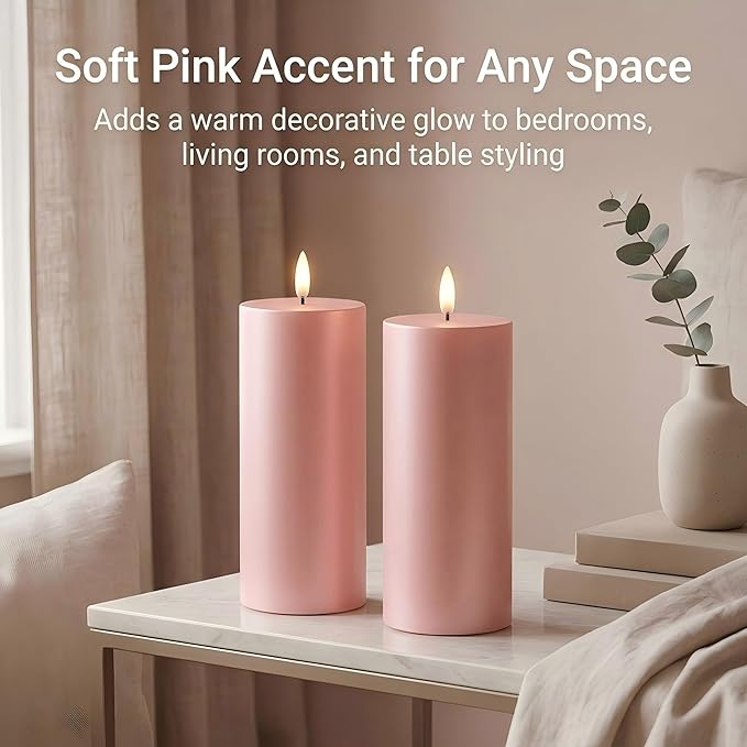 Pink Flameless Pillar Candles 3x8 Set of 2, Outdoor Battery Candles for Room Decor, Weather-Resistant Decorative Candles for Table Centerpiece