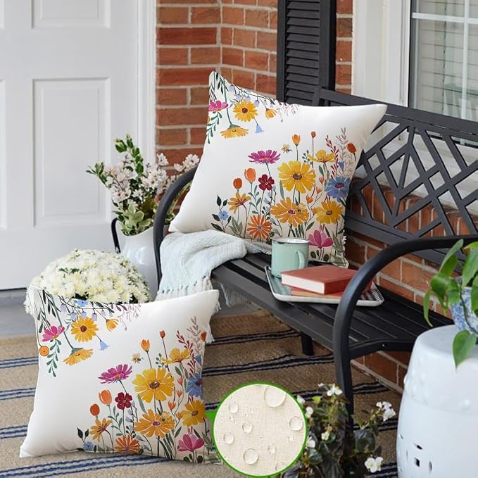 RABUSOFA Spring Summer Pillow Covers Waterproof 18x18 Inch Yellow Outdoor Decor Decorative Pillows for Couch Yellow Flower Daisy Floral Farmhouse Pillowcase for Patio Balcony Sofa Set of 2