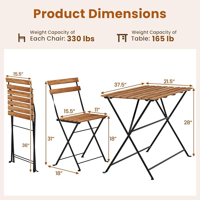 Tangkula 5 Piece Patio Folding Dining Table and Chair Set, Outdoor Space Saving Rectangular Acacia Wood Table and Foldable Chairs with Metal Frame, for Yard Porch Deck Backyard