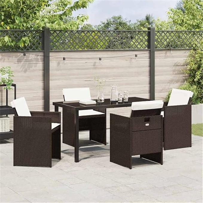Afuera Living 5 Piece Patio Dining Set, Poly Rattan with Cushions, Brown Finish, Tempered Glass Table, Powder-Coated Steel Legs, Weather-Resistant Outdoor Seating for Gardens, Patios, or Backyard Use