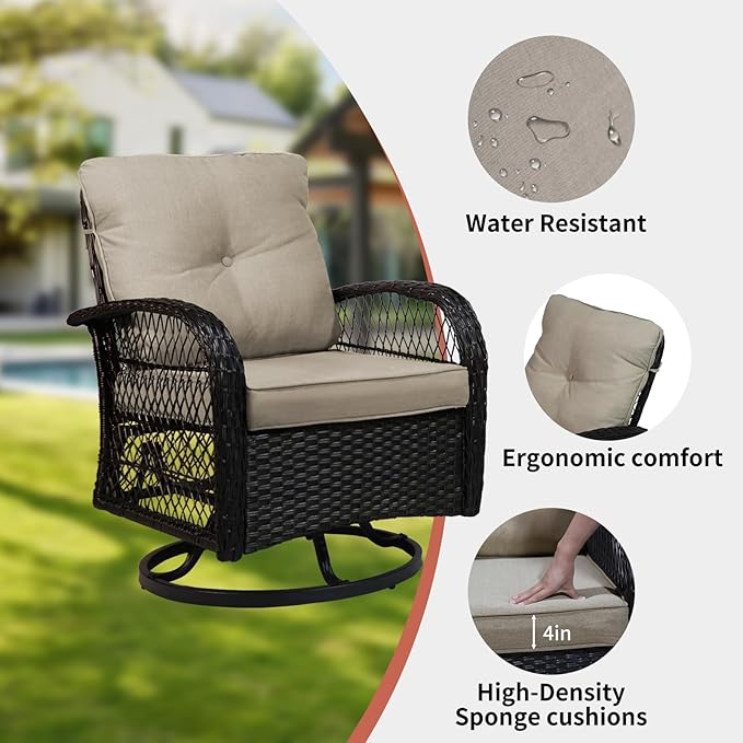 SHGJ&SOFT 3 Piece Patio Furniture Set, 2 Outdoor Swivel Rocking Chairs with Side Table, Wicker Glider Chairs, All-Weather Rattan Bistro Set for Porch, Deck, Pool (Khaki, Brown Open-Weave Rattan)