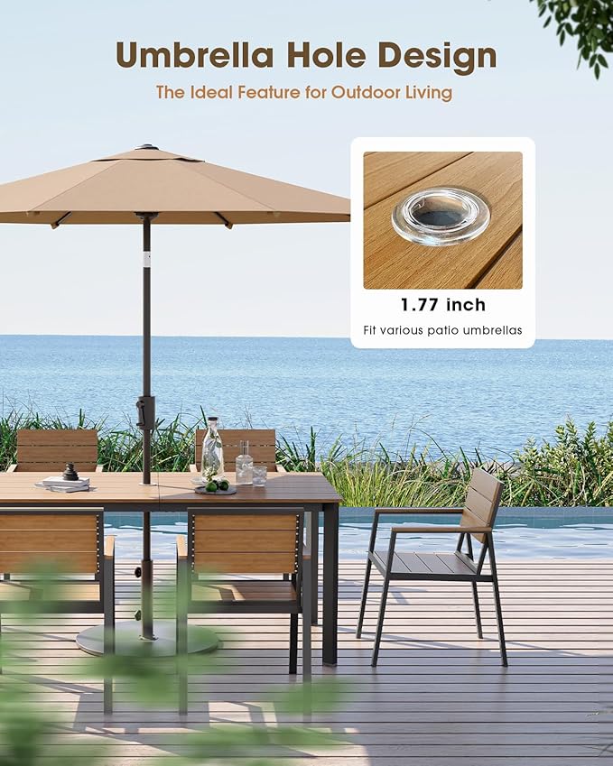 Outdoor Dining Set, Aluminum Patio HDPS Outdooor Table and Chairs Set with Umbrella Hole, All Weather Patio Furniture Set, Patio Dining Table Set,Gray & Teak,7 Pieces