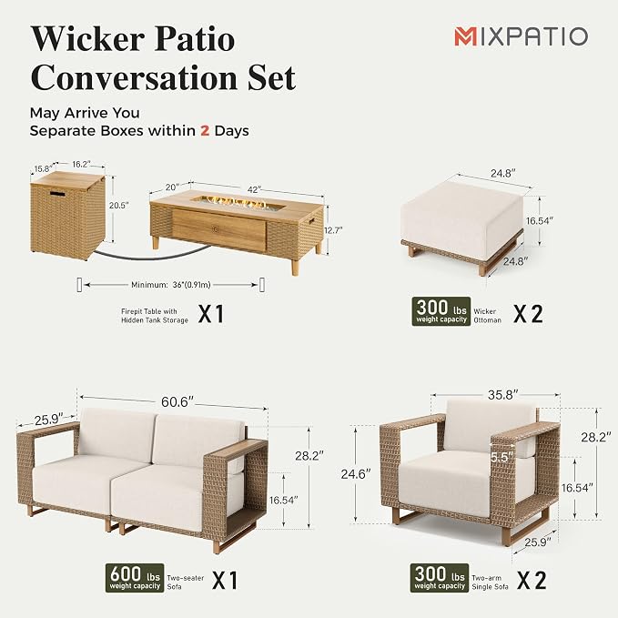 MIXPATIO Patio Furniture Set with Fire Pit Table, 7 Pieces Outdoor Yellow Rattan Wicker Conversation Sets, Deep Seating Sofa with 10" Thick Cushions, Low Profile Deck Lawn Furniture