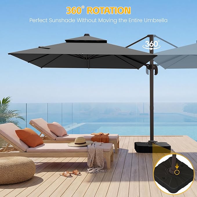VEGOND 9x12 FT Patio Cantilever Umbrella with Base, Rectangular Heavy Duty Offset Umbrella for 6-8 People, 360°Rotation & Mult Tilt, Double Top Design, for Pool Garden Deck (Grey)